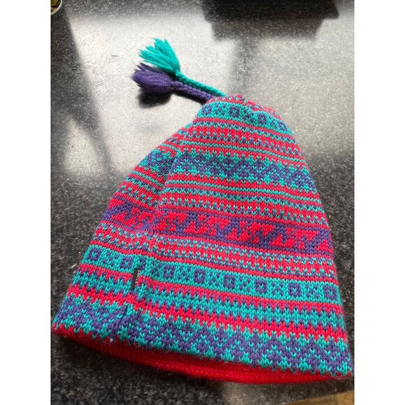 Vtg 1980's Smiley 100% Pure Wool Knit Beanie Hat Turquoise Red Purple - Picture 8 of 8